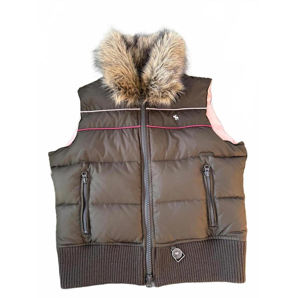VTG Abercrombie & Fitch y2k Brown Down Puffer‎ Vest Faux Fur Collar NWOT SZ L